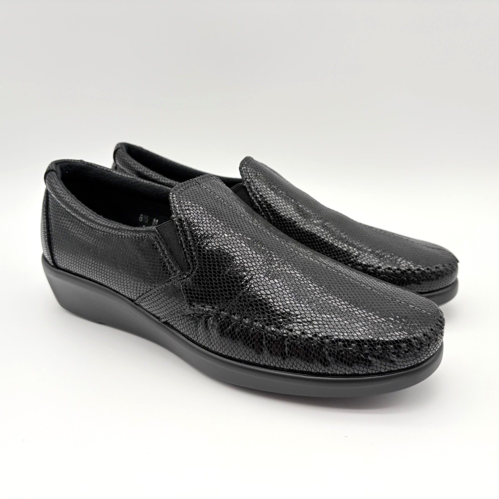 SAS Dream Snake Print Slip On Loafers Womens Size 8.5M Black Leather Shoes